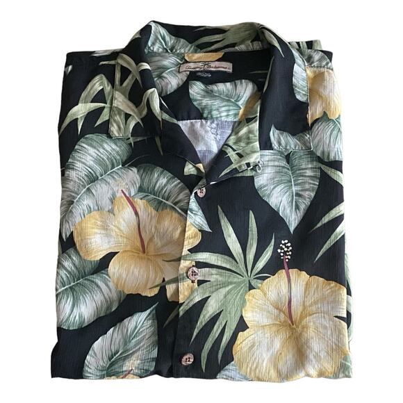 Tommy Bahama Hawaiian Shirt Silk Hibiscus Flowers Fronds XL Black Green Aloha - Picture 7 of 7